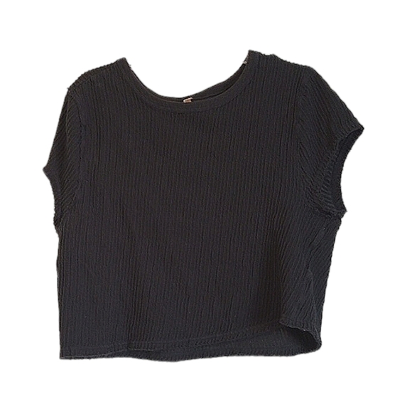 Free People Movement Womens Crop Top Sz L Navy Blue Ribbed Raw Hems Workout Run - Picture 1 of 8
